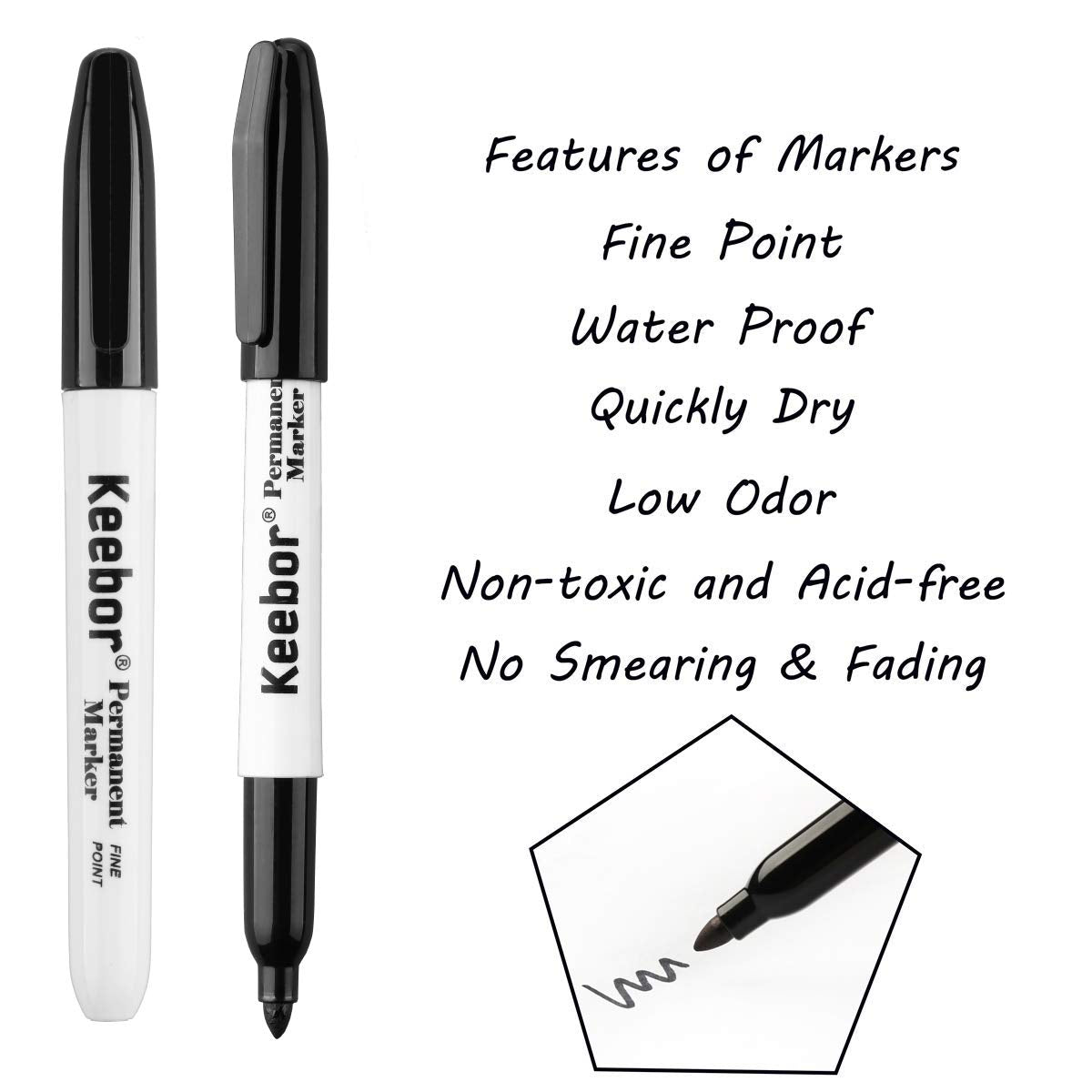 Keebor marker close-up shows quick-dry ink to prevent smudges.