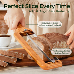 Keechee Bread Pilot thickness guide demonstrates adjustable slices from 1/4 inch to 2 inches.