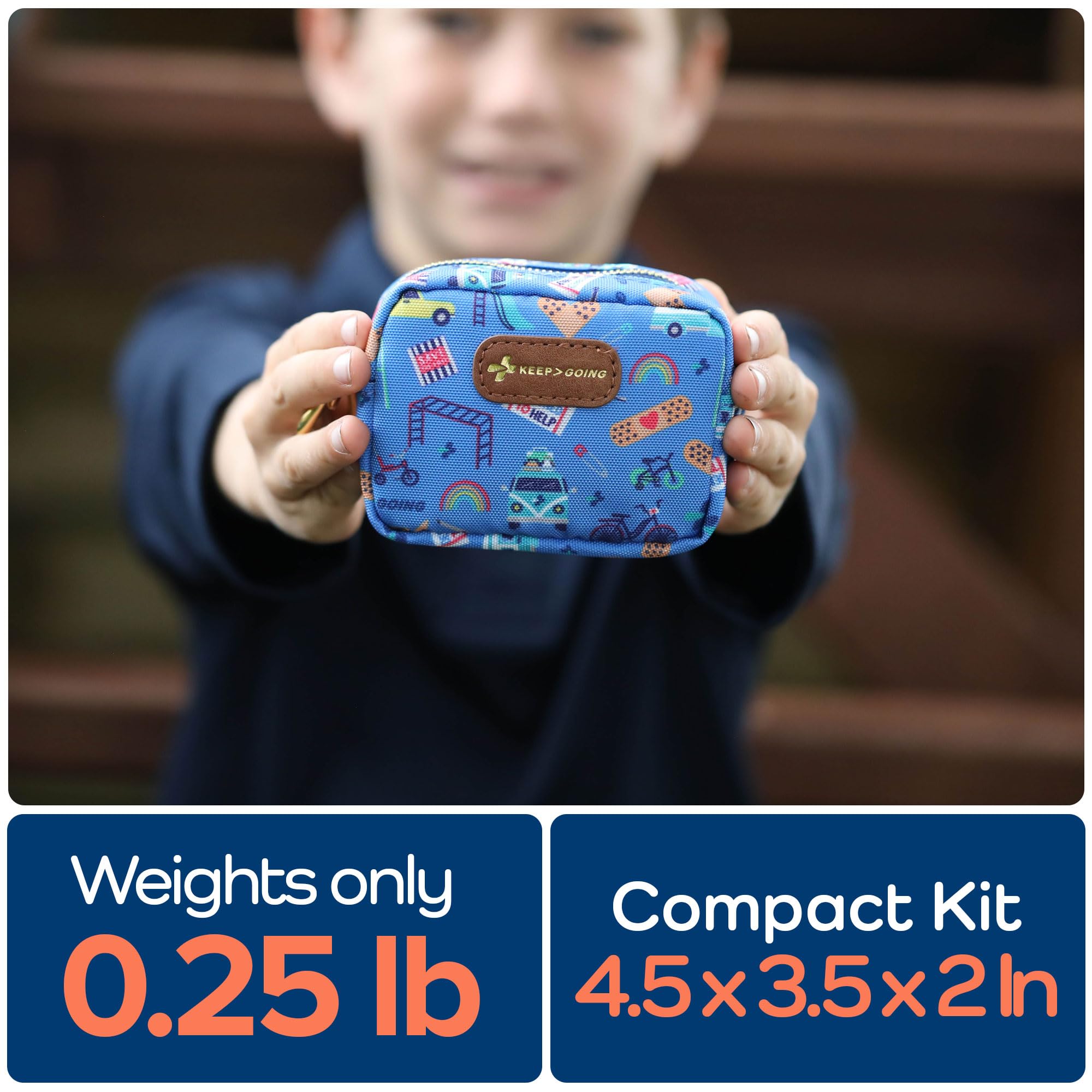 KEEP>GOING first aid kit wipes and stickers for quick kid-friendly care.