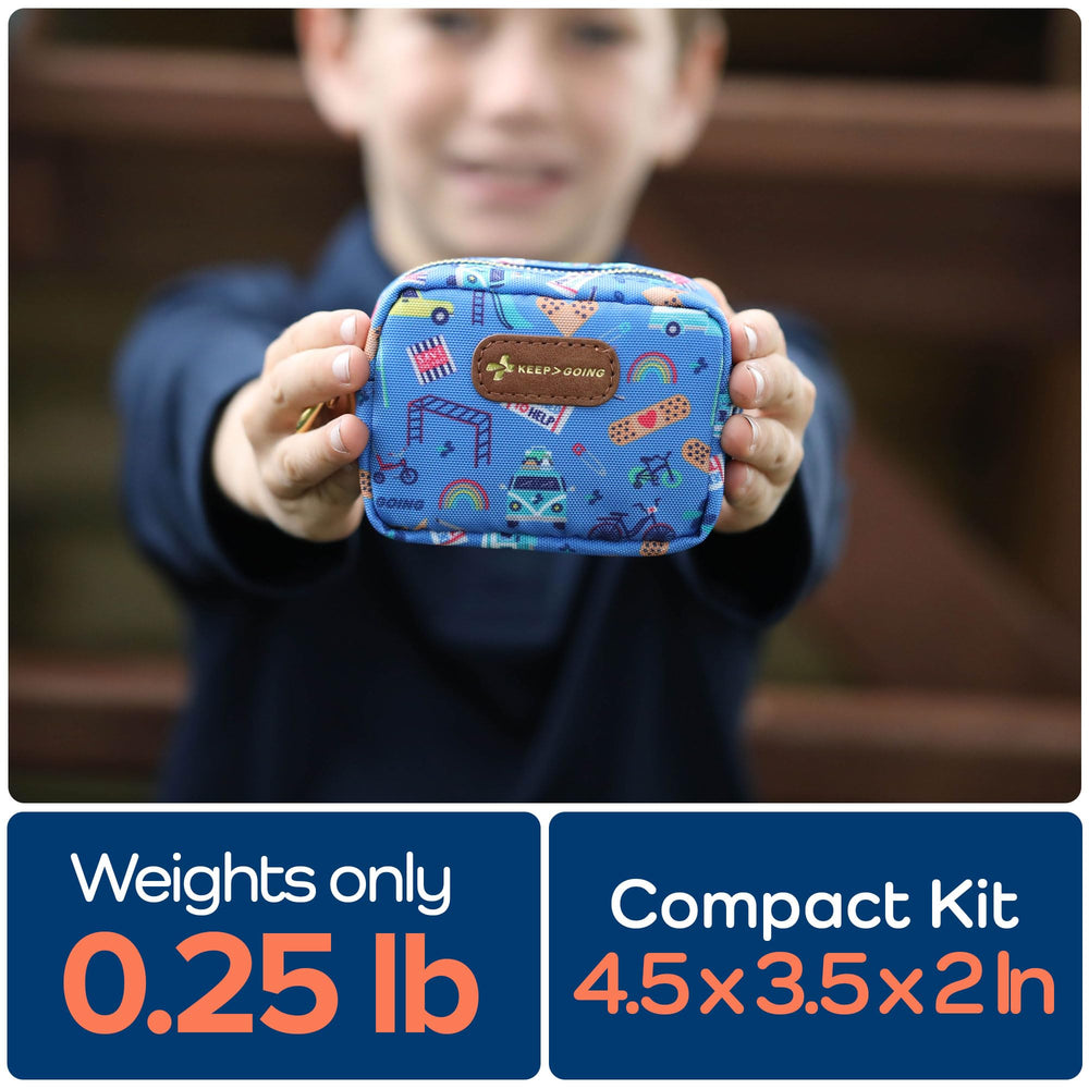 KEEP>GOING first aid kit wipes and stickers for quick kid-friendly care.