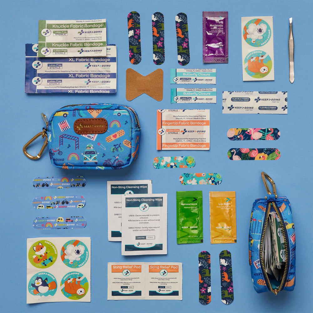 KEEP>GOING kids first aid kit in purse, ready for daily adventures.