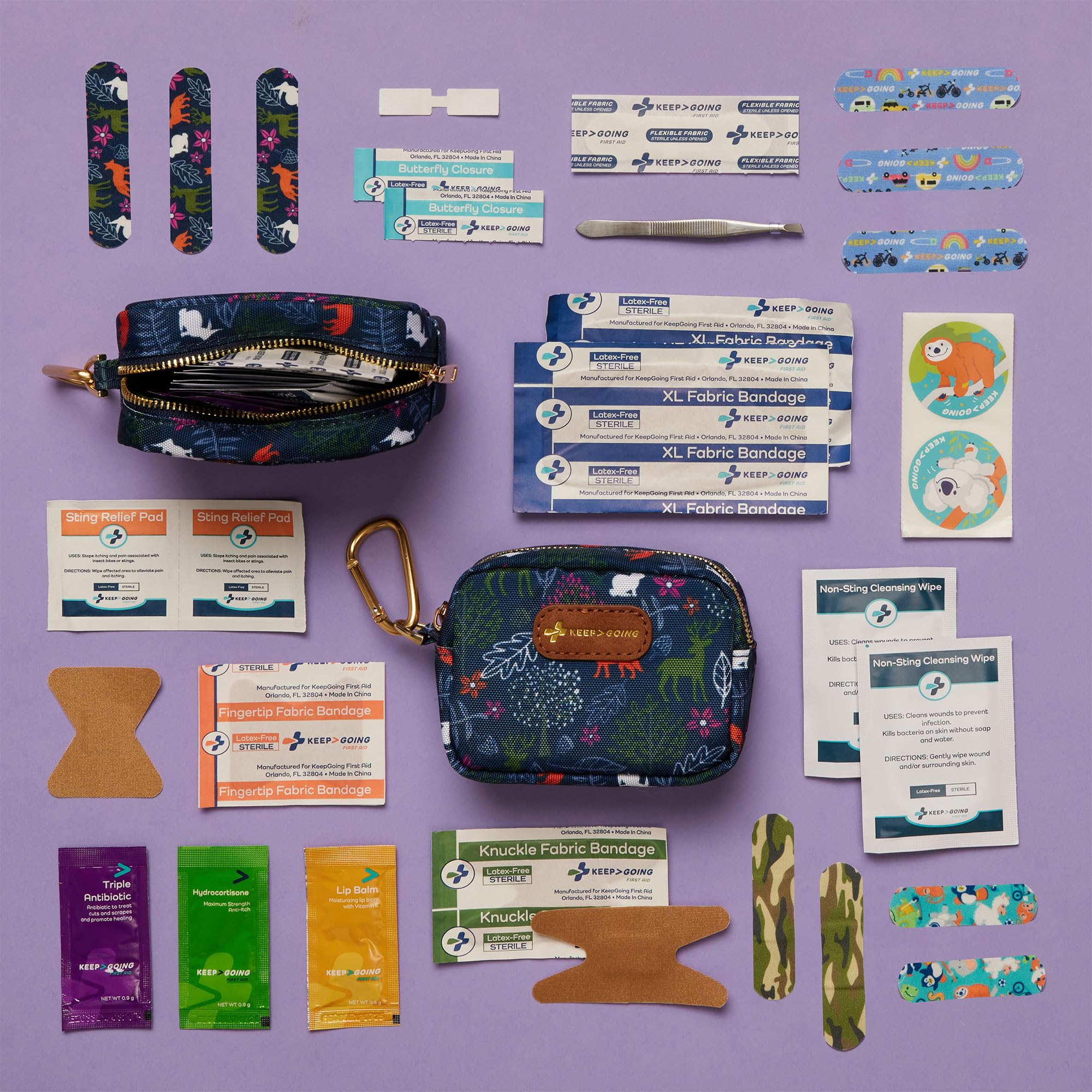 KeepGoing travel first aid kit in backpack for family outings and on-the-go care.