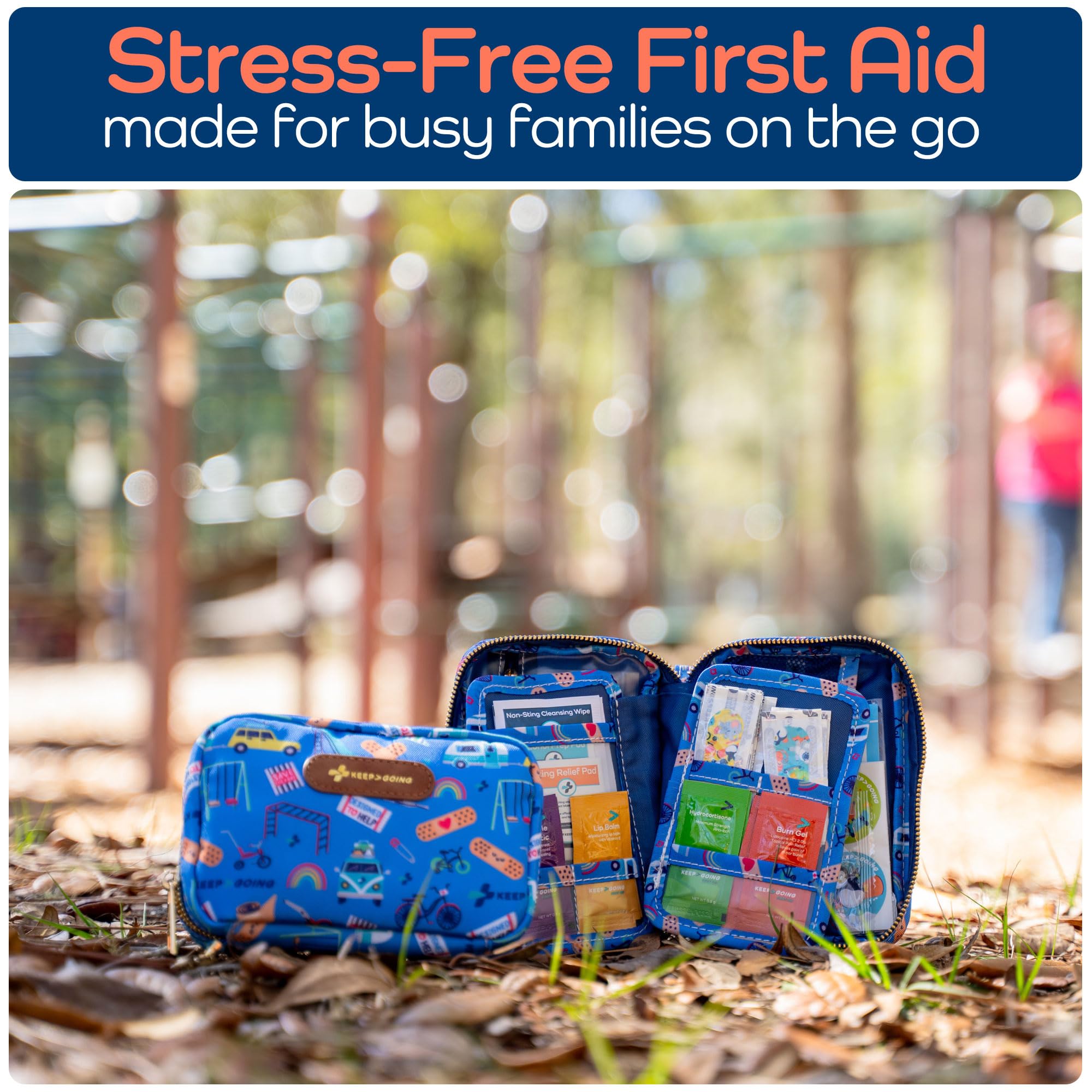 KEEP>GOING stain- and water-resistant case keeps supplies organized at home or in car.