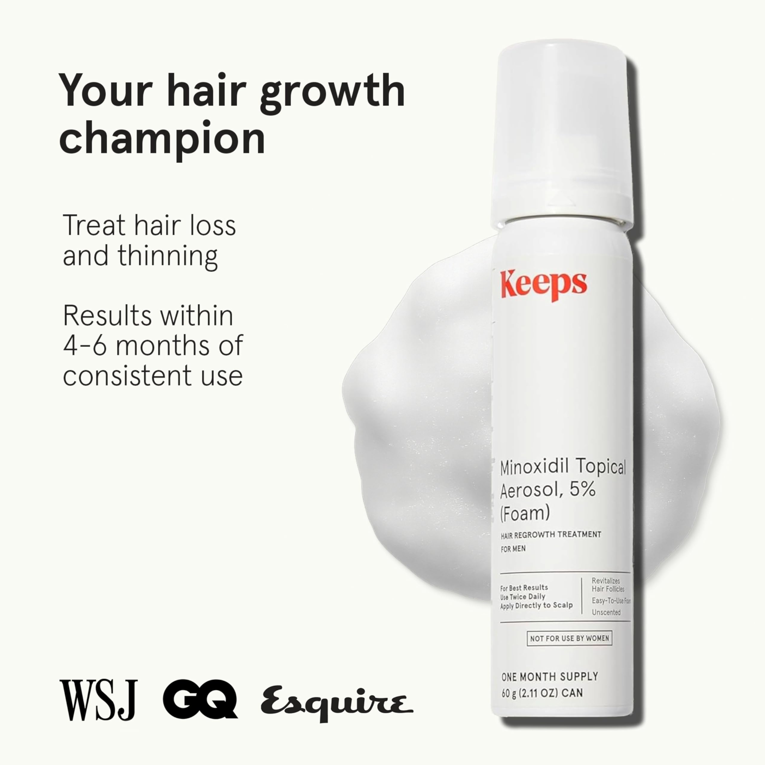 Keeps minoxidil foam triple-pack close-up showing a 3-month supply.