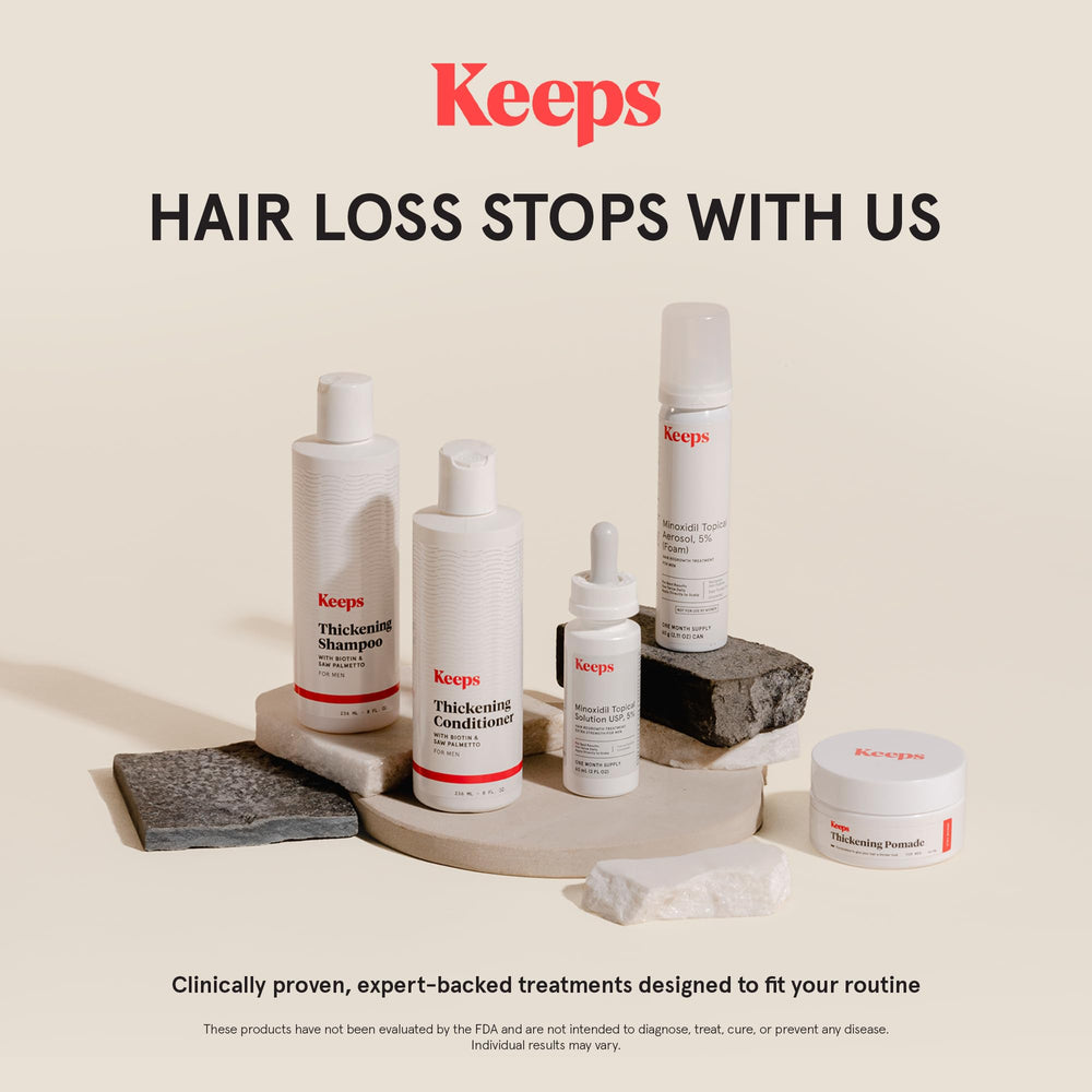 Keeps Minoxidil treatment image suggesting root support and fullness