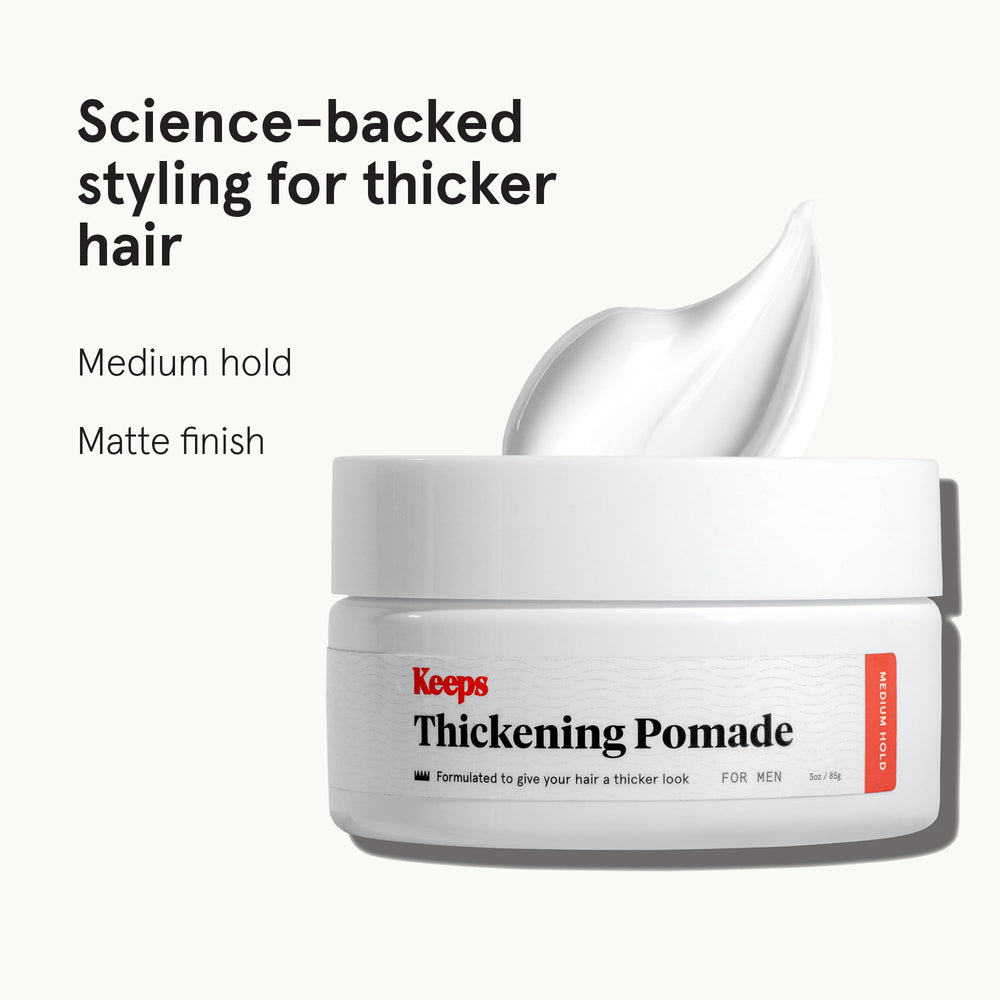 Keeps Thickening Pomade jar back label with ingredients and usage tips