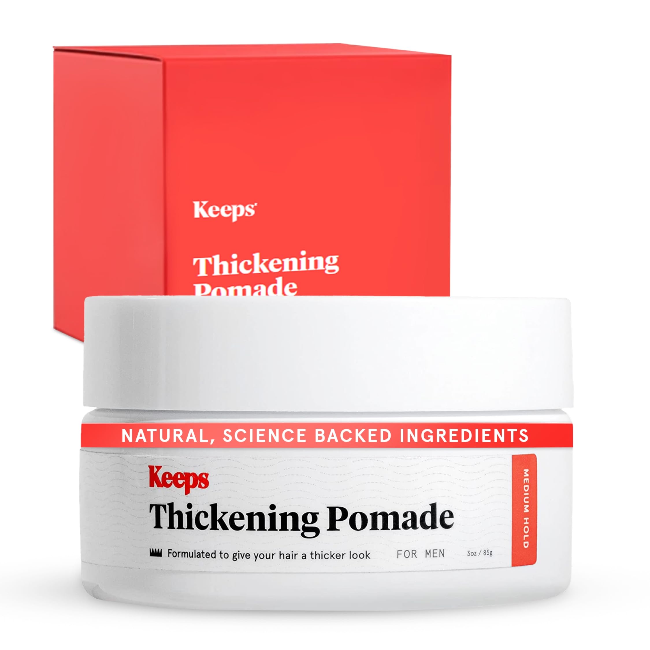 Keeps Thickening Pomade jar front showing label for fuller-looking hair