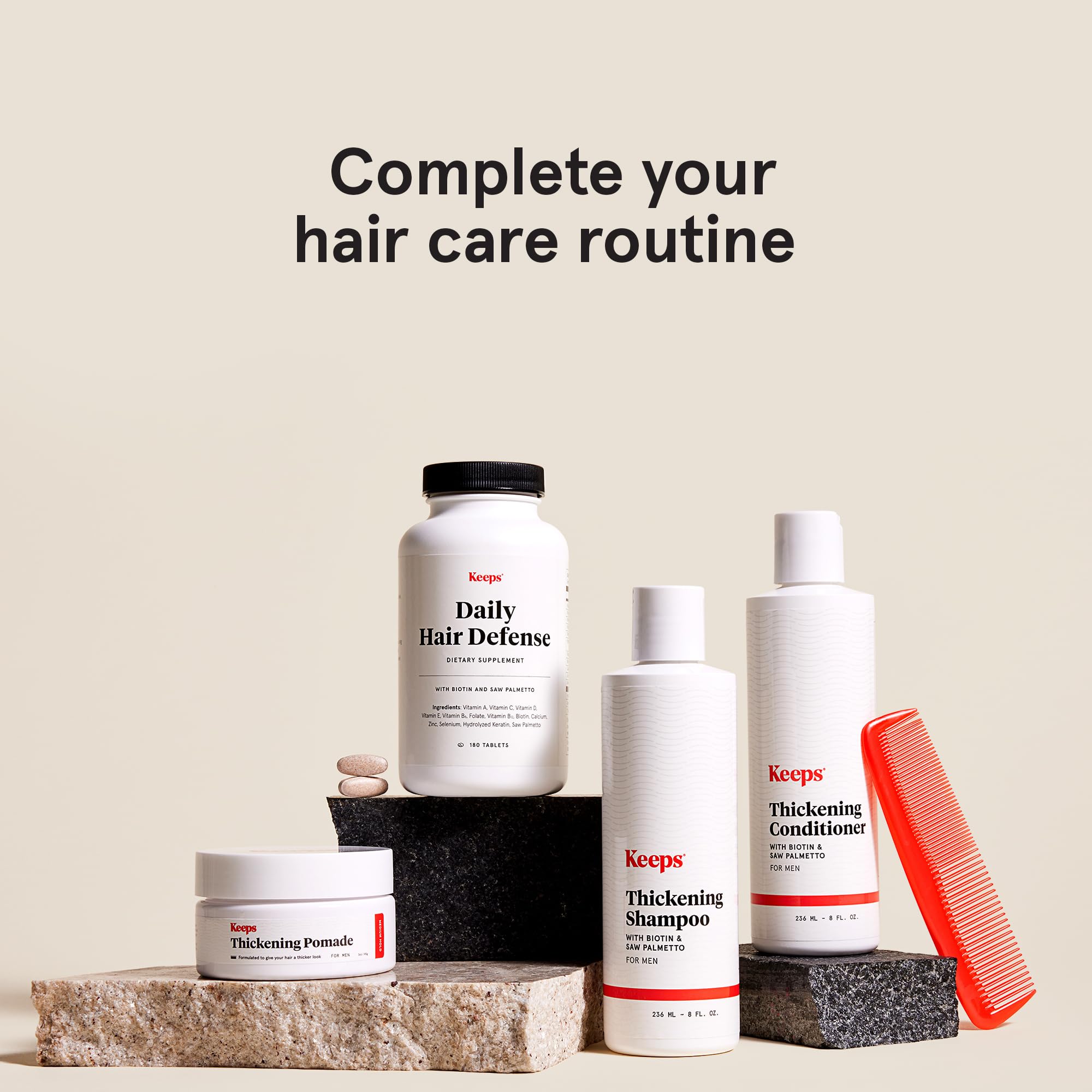 Keeps Thickening Shampoo packaging with DHT blocker imagery suggests fullness support.