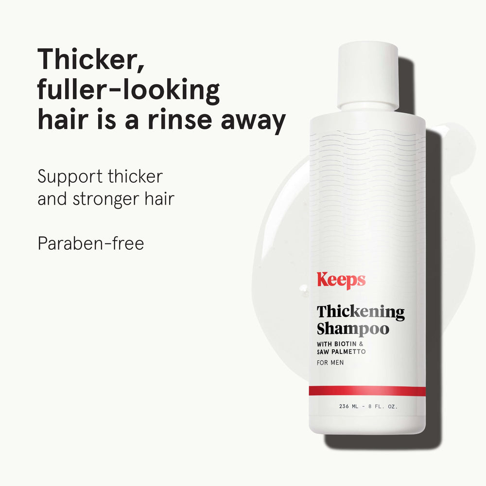 Keeps Thickening Shampoo label closeup highlights biotin and saw palmetto.