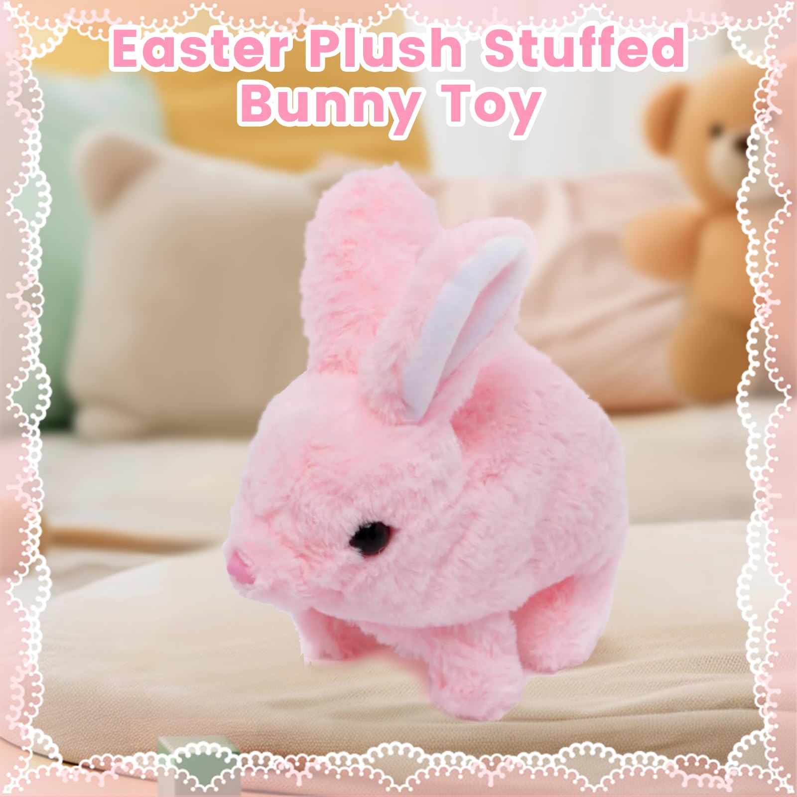 KEHOO hopping bunny toy wind-up action encourages rhythmic hopping and coordination.
