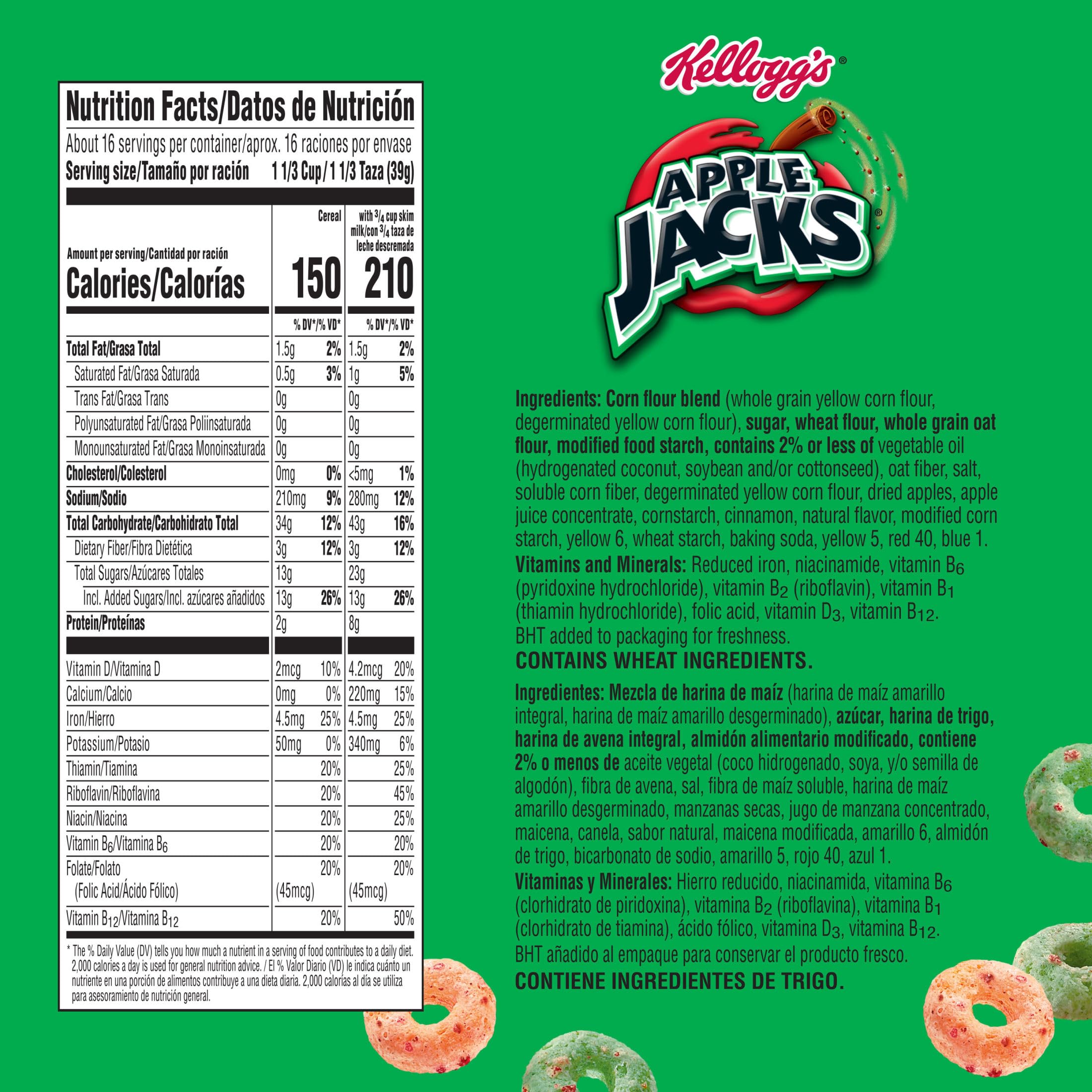 Kellogg's Apple Jacks bowl with milk showing crispy apple-cinnamon flavor.