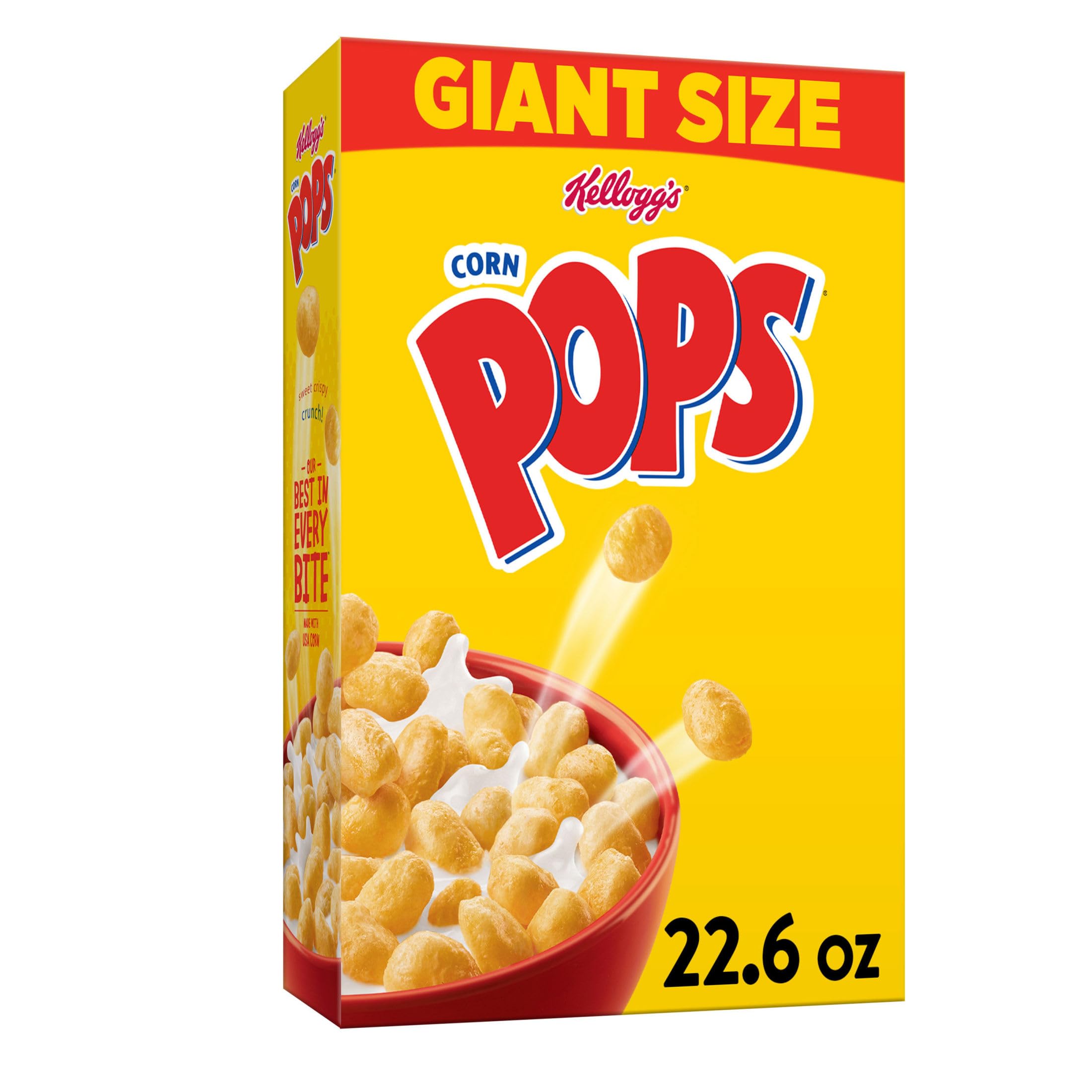 Kellogg's Corn Pops bowl with milk showing crunchy texture for a quick breakfast.
