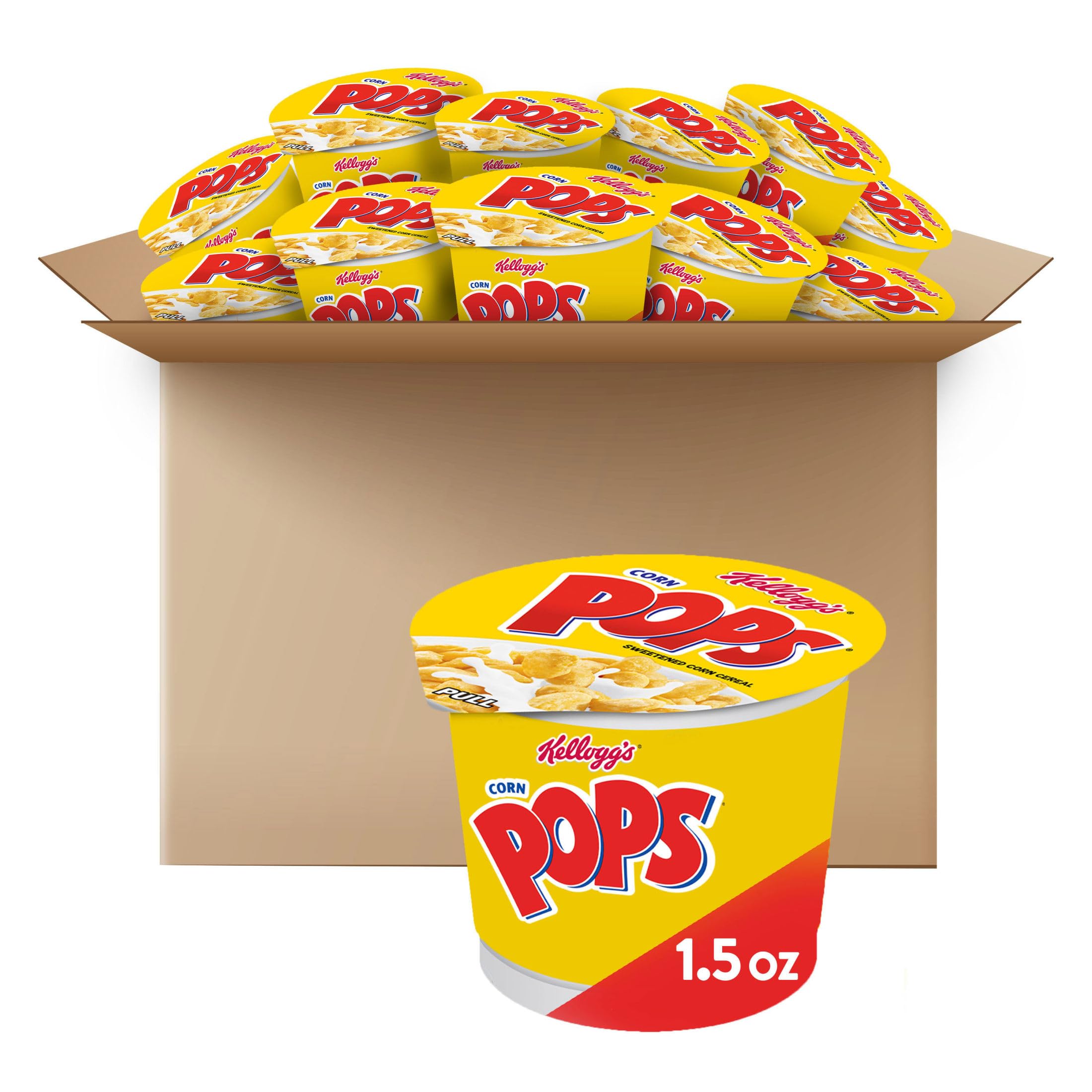 Kellogg's Corn Pops Cups front packaging showing 12 cups for easy breakfasts.