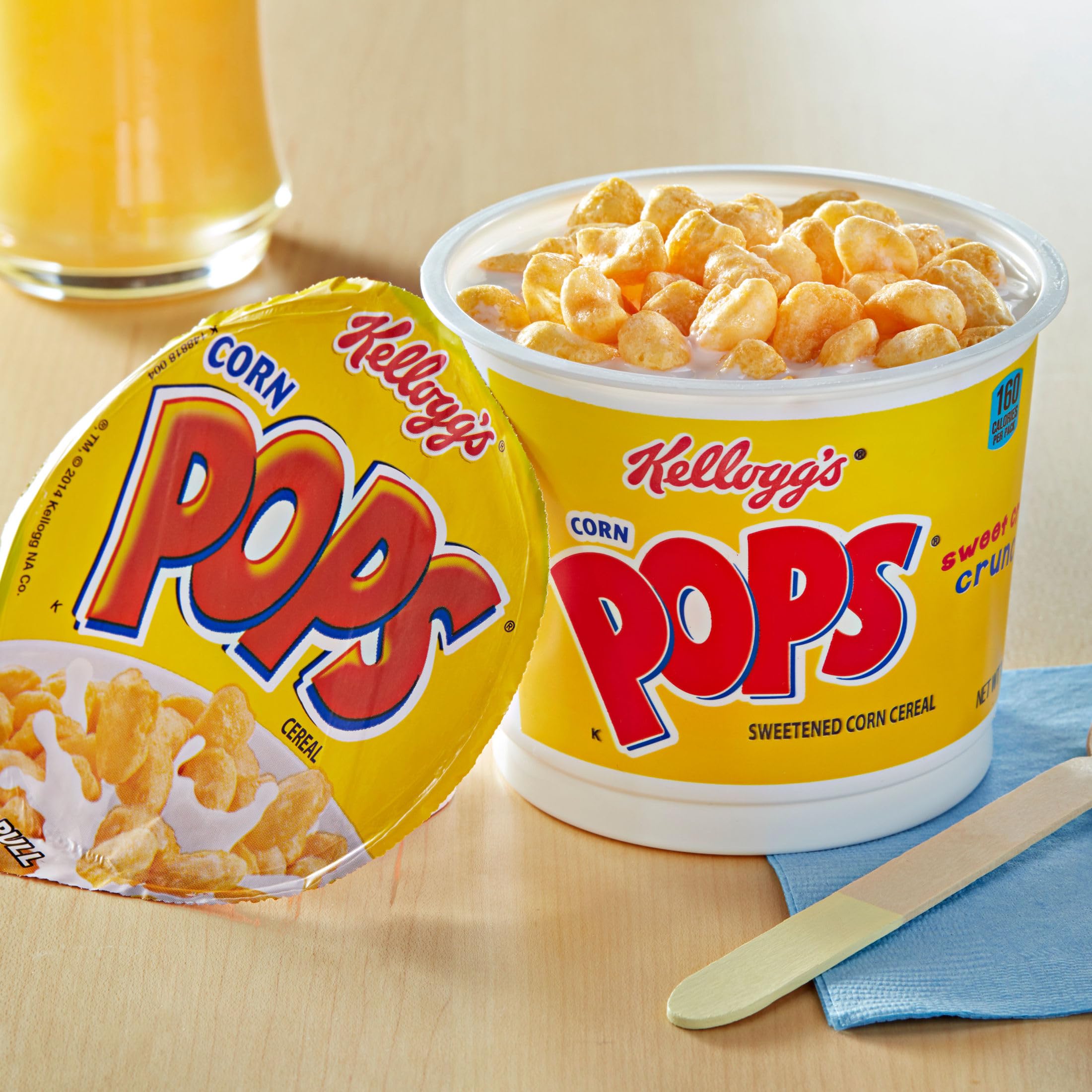 Kellogg's Corn Pops Cups with milk, a classic breakfast option.