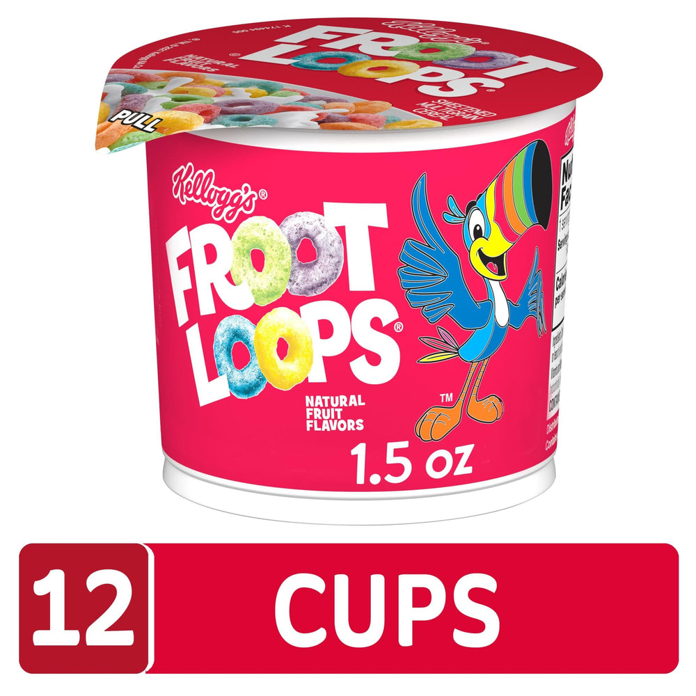 Kellogg's Froot Loops Cups tray-pack for easy pantry storage.