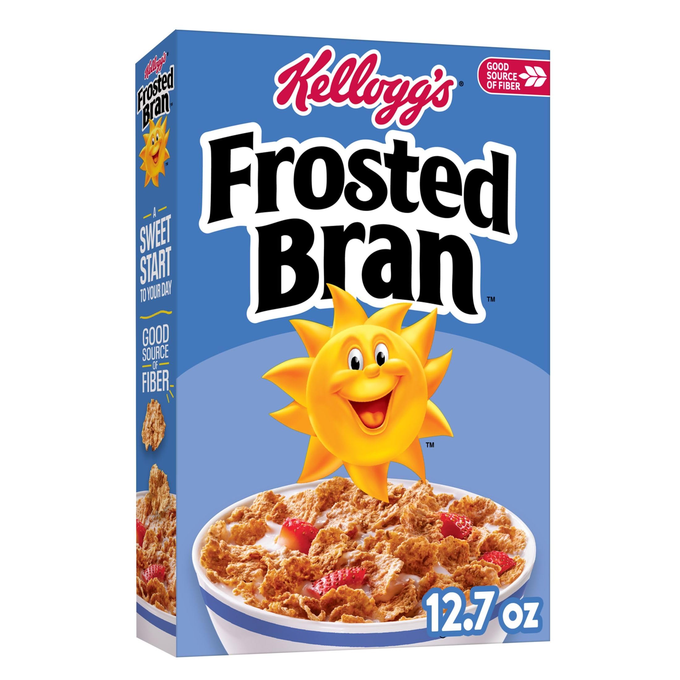 Kellogg's Frosted Bran box front highlighting whole grain flakes for fiber-rich mornings