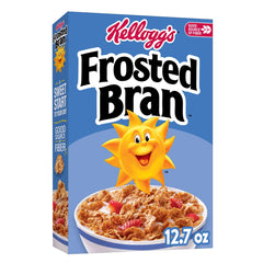 Kellogg's Frosted Bran box front highlighting whole grain flakes for fiber-rich mornings