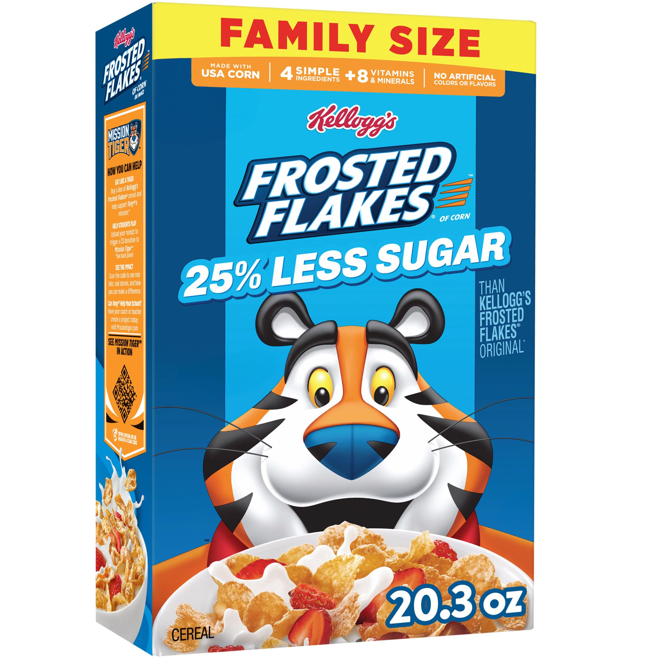 Kellogg's Frosted Flakes 25% Less Sugar box for easy mornings.