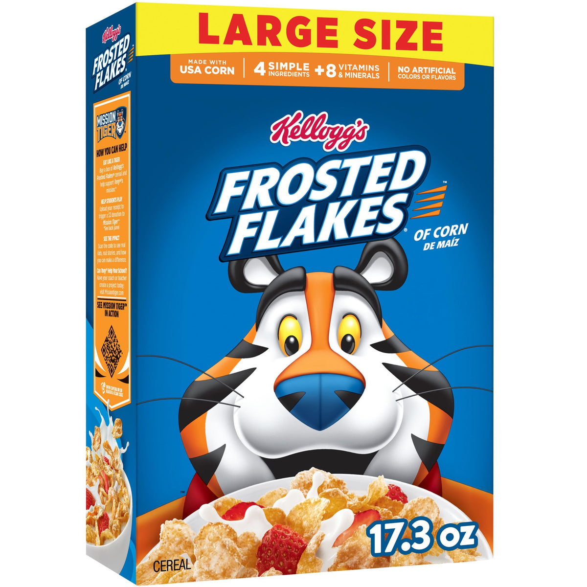 Kellogg's Frosted Flakes bowl close-up with crisp, sweet flakes for a tasty breakfast