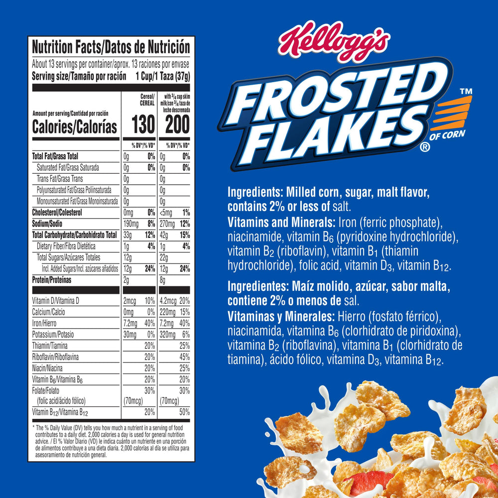 Kellogg's Frosted Flakes box front highlighting 17.3oz size and vitamin boost