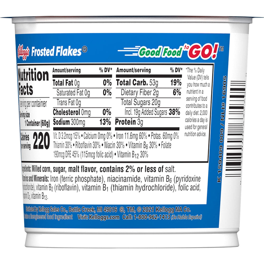 Kellogg's Frosted Flakes cups inside view shows ready-to-eat cereal in cups.