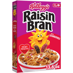 Kellogg's Raisin Bran with Cranberries box front showing wholesome grains for breakfast.