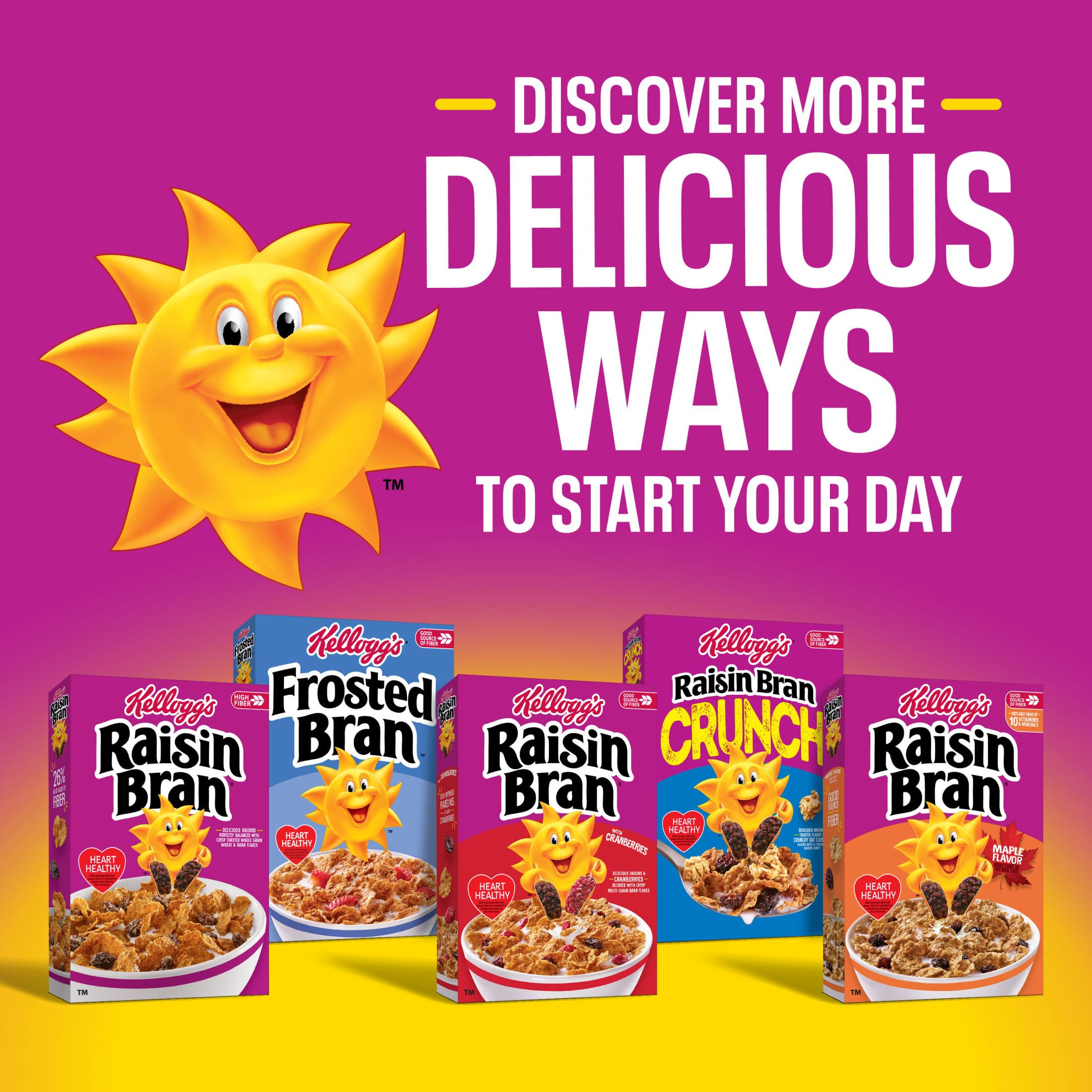 Kellogg's Raisin Bran with Cranberries on a pantry shelf, an everyday staple.