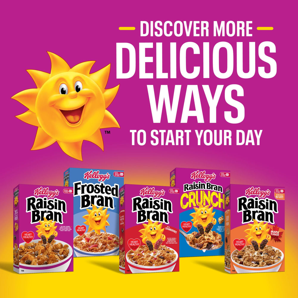 Kellogg's Raisin Bran with Cranberries on a pantry shelf, an everyday staple.