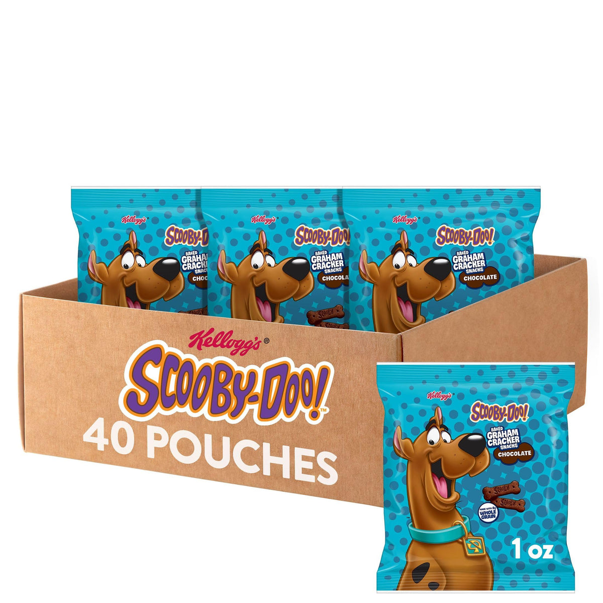 Kellogg's Scooby-Doo baked graham crackers in chocolate flavor, 40-pouch packaging for convenience.