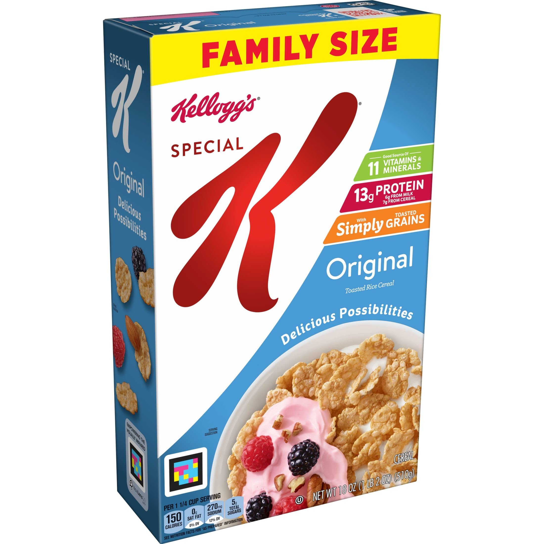 Kellogg's Special K crispy rice flakes in a bowl, a source of 11 vitamins and minerals.