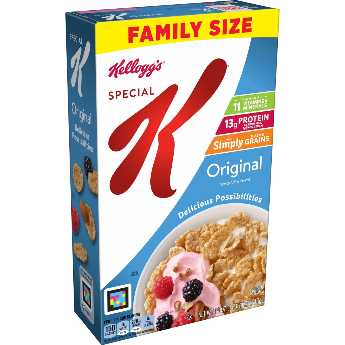 Kellogg's Special K crispy rice flakes in a bowl, a source of 11 vitamins and minerals.