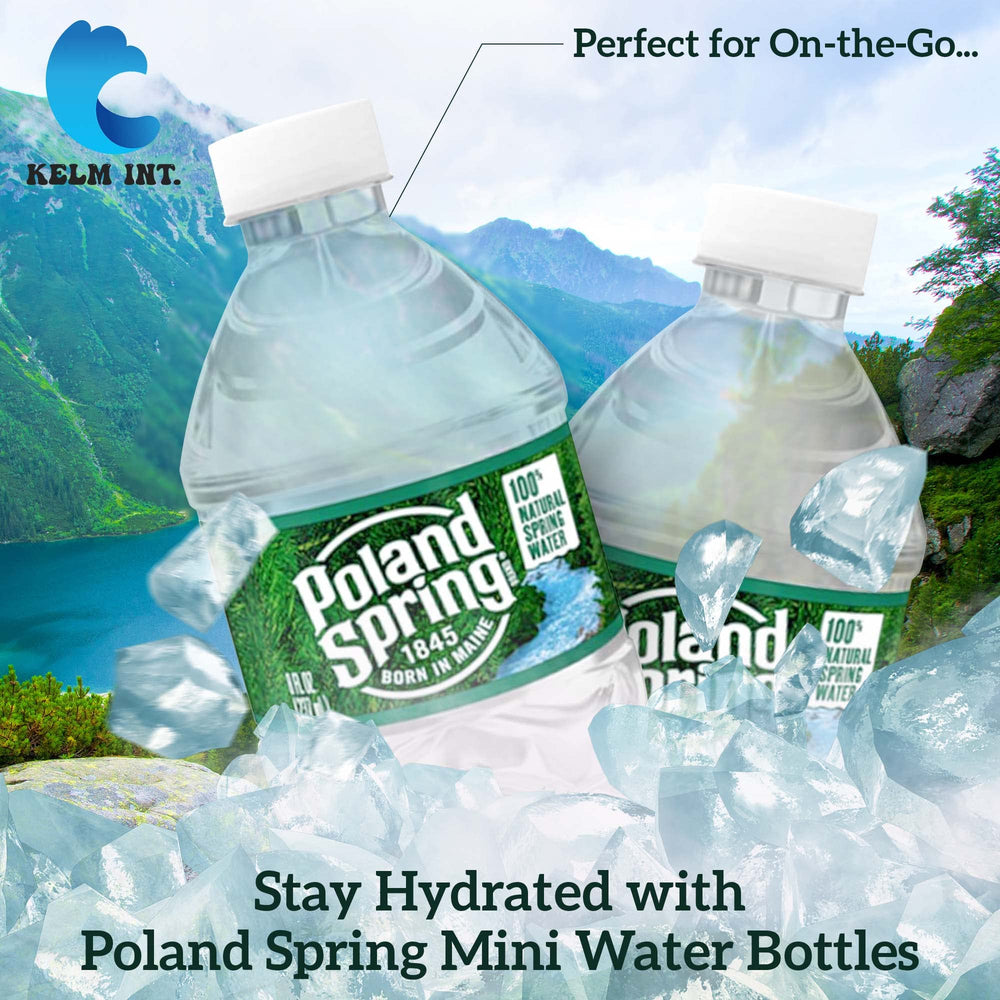 Kelm Int Poland Spring 8oz mini bottle on a desk for quick hydration