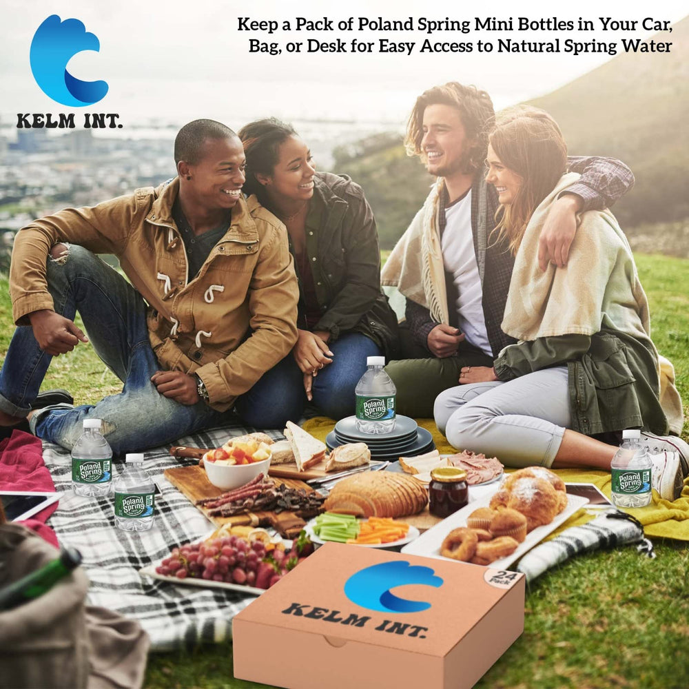 Kelm Int Poland Spring 8oz mini bottle with recycling symbol indicating recyclability