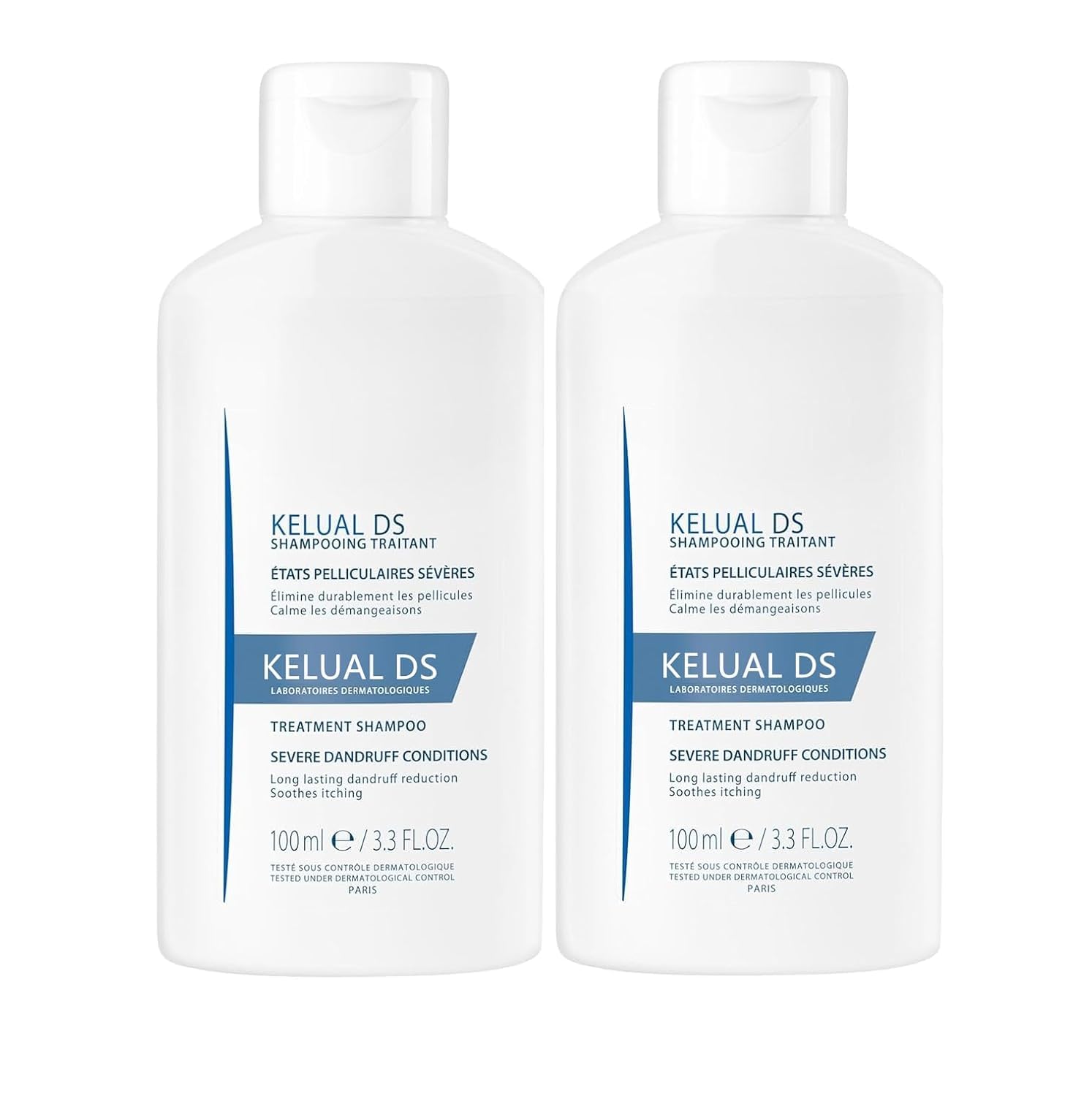 KELUAL DS anti-dandruff shampoo bottle showing dermatological formula for severe dandruff relief