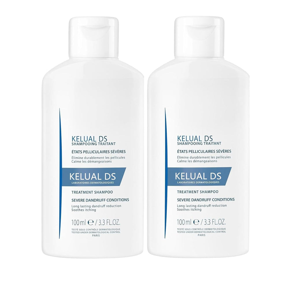 KELUAL DS anti-dandruff shampoo bottle showing dermatological formula for severe dandruff relief
