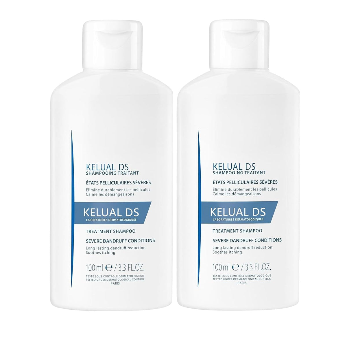 KELUAL DS anti-dandruff shampoo bottle showing dermatological formula for severe dandruff relief