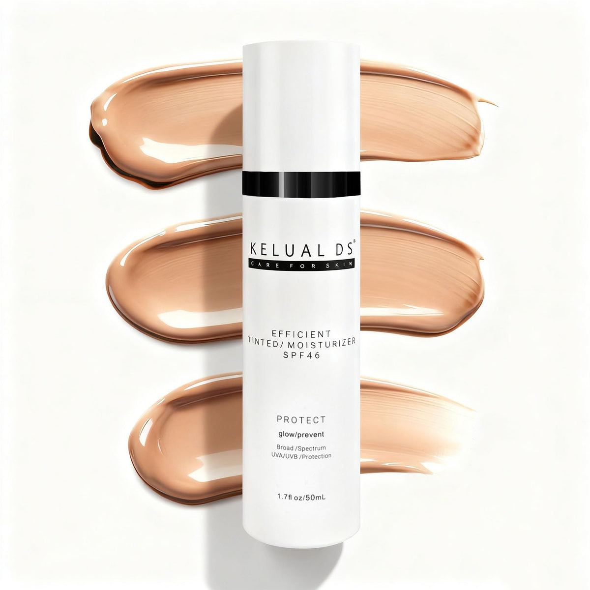 KELUAL DS anti-aging tinted moisturizer bottle with SPF 46 for daily hydration.