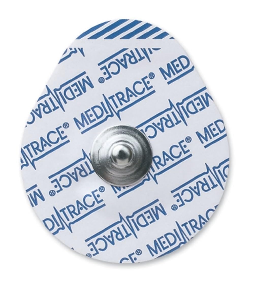 Kendall Covidian ECG electrode with foam backing, conductive gel, and snap connector for secure monitoring.