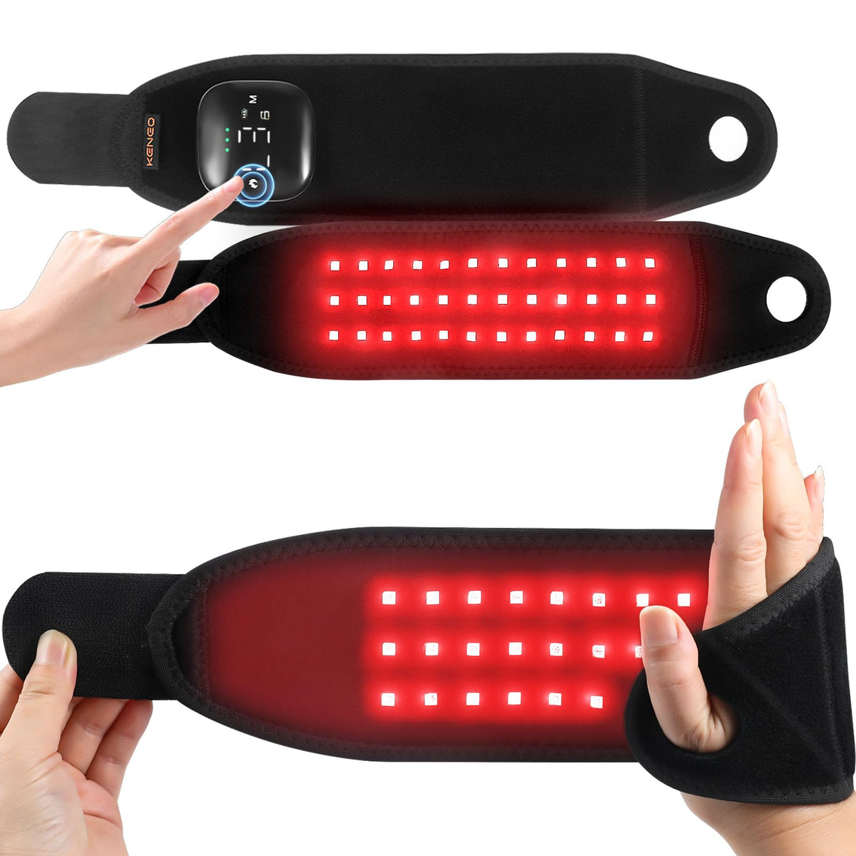 Keneo red light wristband with detachable battery for convenient charging and mobility.