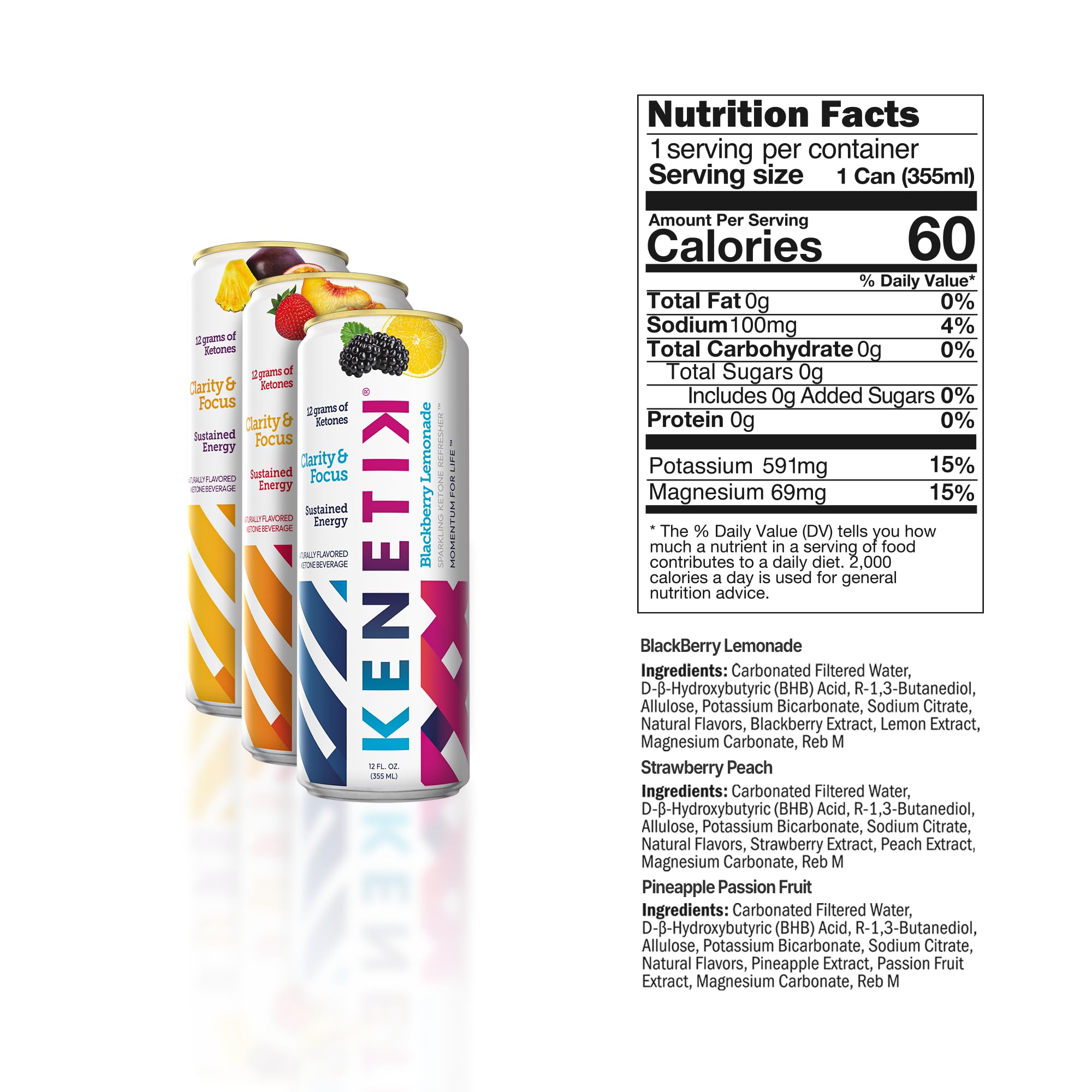 Kenetik caffeine-free focus drink can back showing nutrition for steady focus