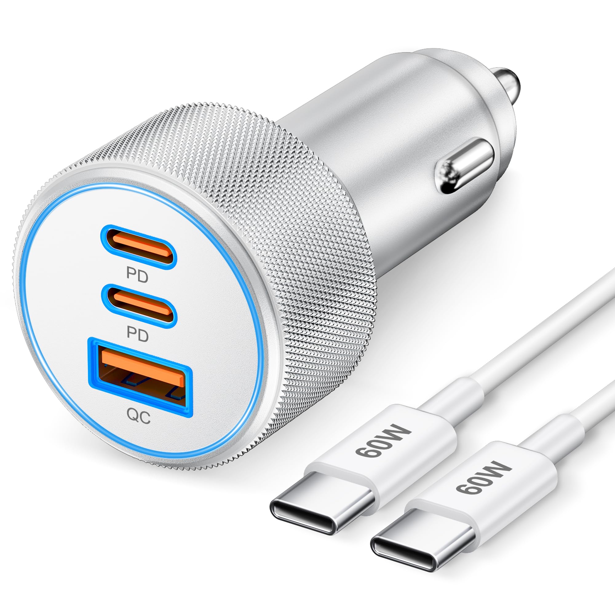KENHAO 67W 3-Port USB-C car charger in silver powers multiple devices quickly on the road.