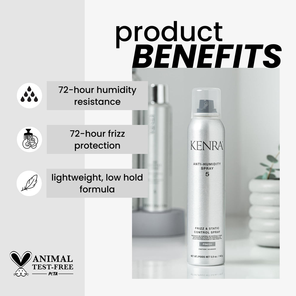 Kenra Anti-Humidity Spray 5 twist-cap close-up on a shelf for easy access and use