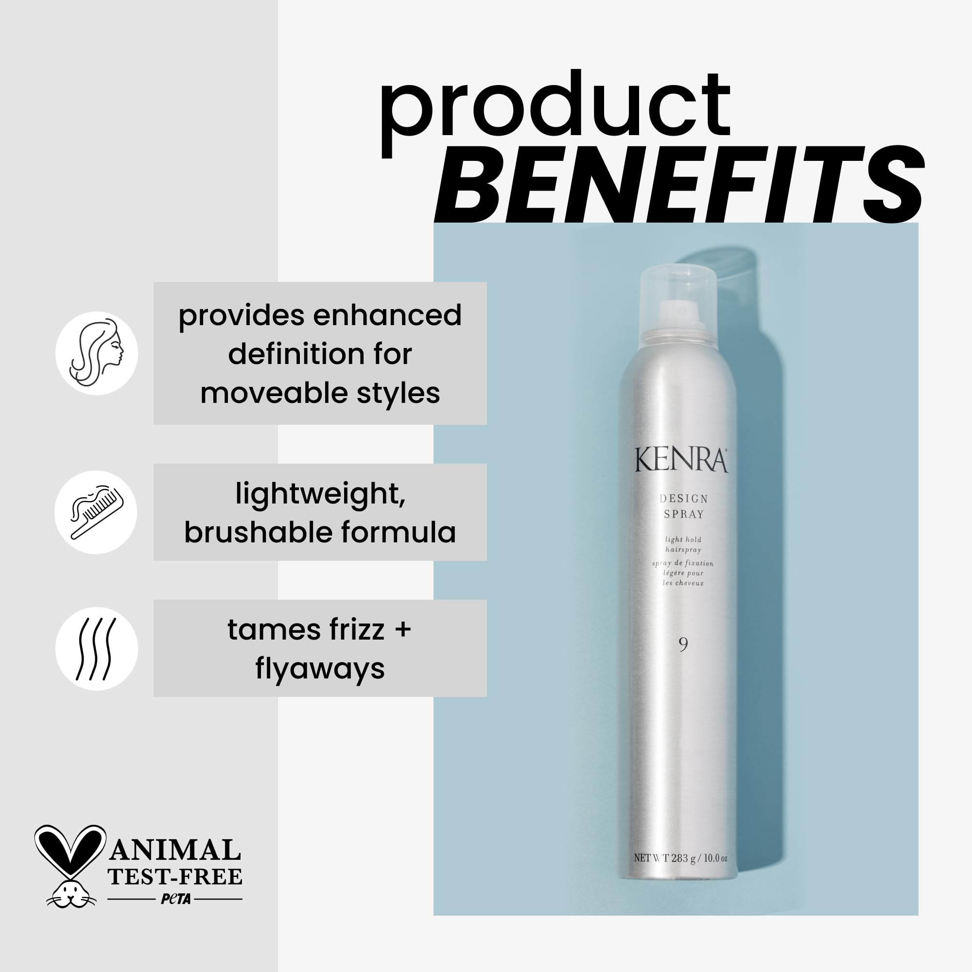 Kenra Design Spray 9 mist-dispense demonstrates easy even application for frizz control