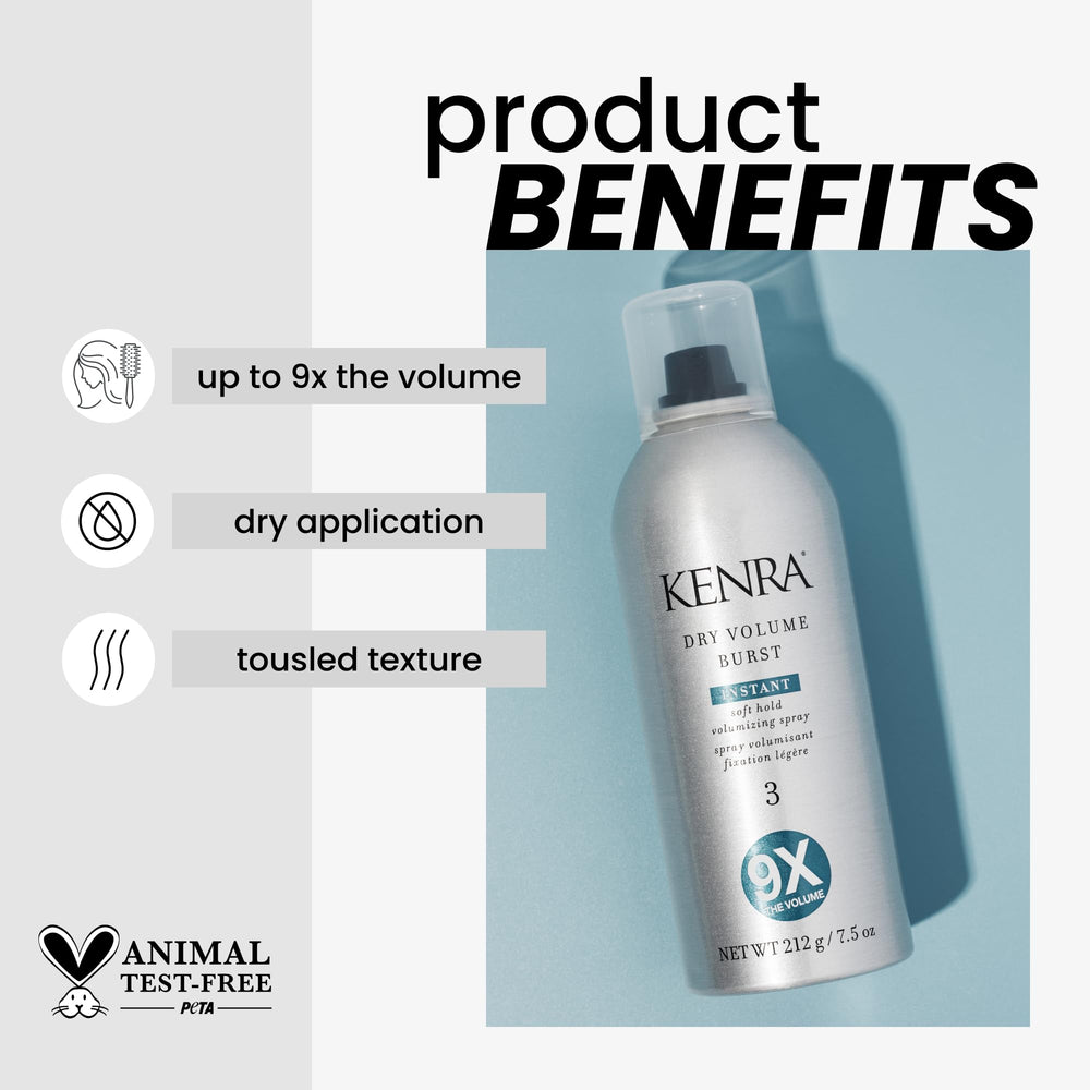 Kenra Dry Volume Burst 3 spray-action demonstrates fast-drying mist for on-the-go styling
