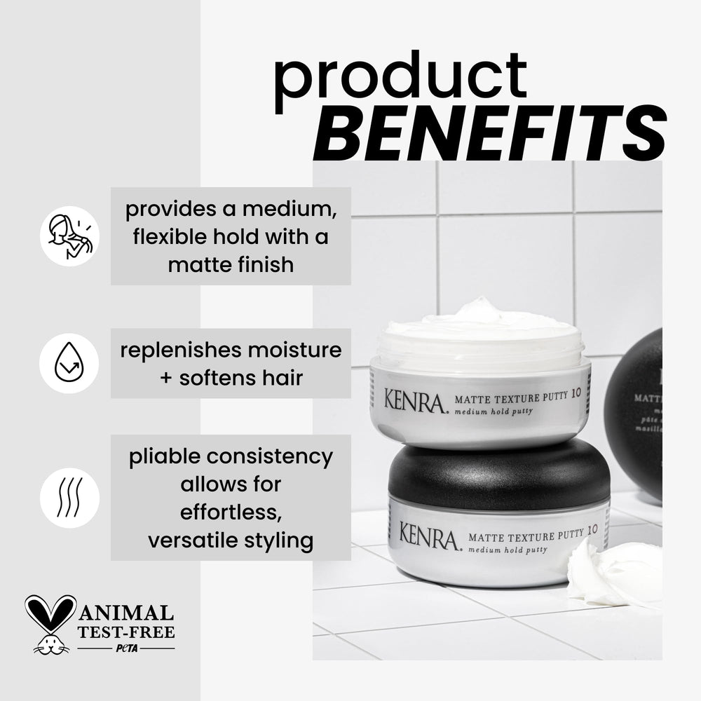 Kenra Matte Texture Putty 10 jar with scoop demonstrates pliable consistency