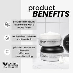 Kenra Matte Texture Putty 10 jar with scoop demonstrates pliable consistency