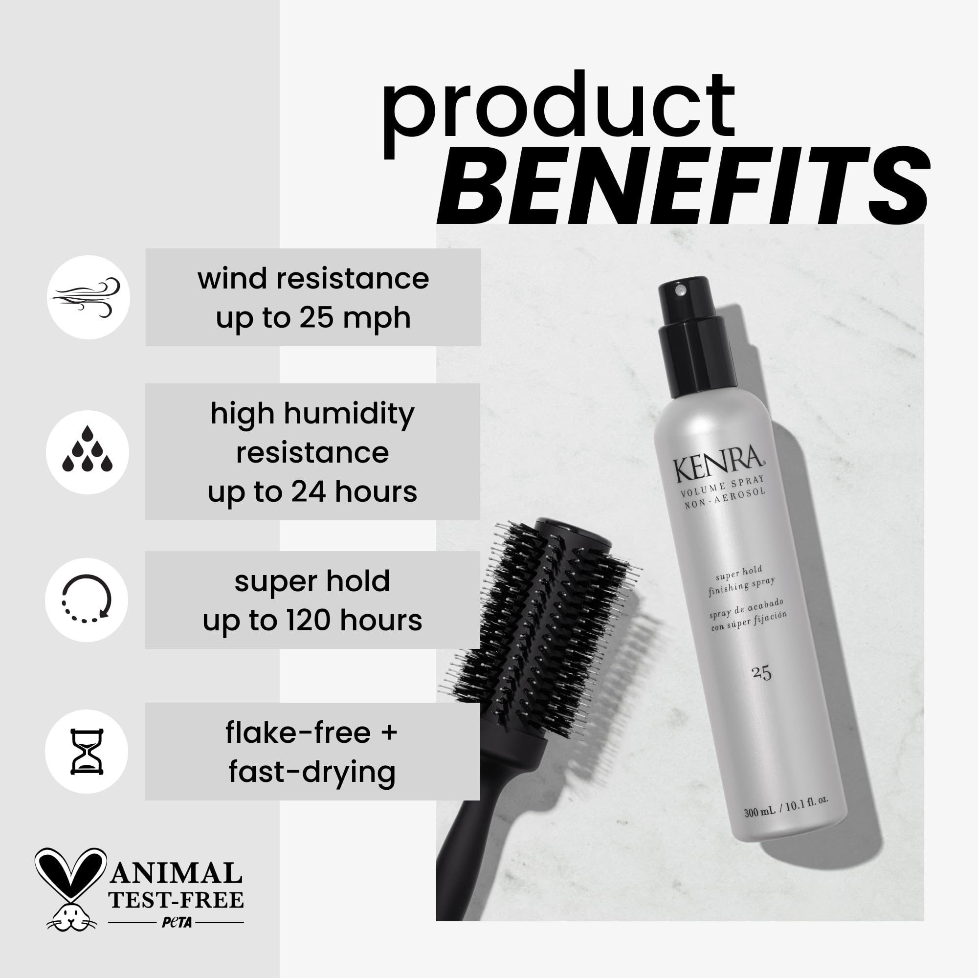 Kenra Non-Aerosol Volume Spray 25 dispense shows even mist for all hair types.