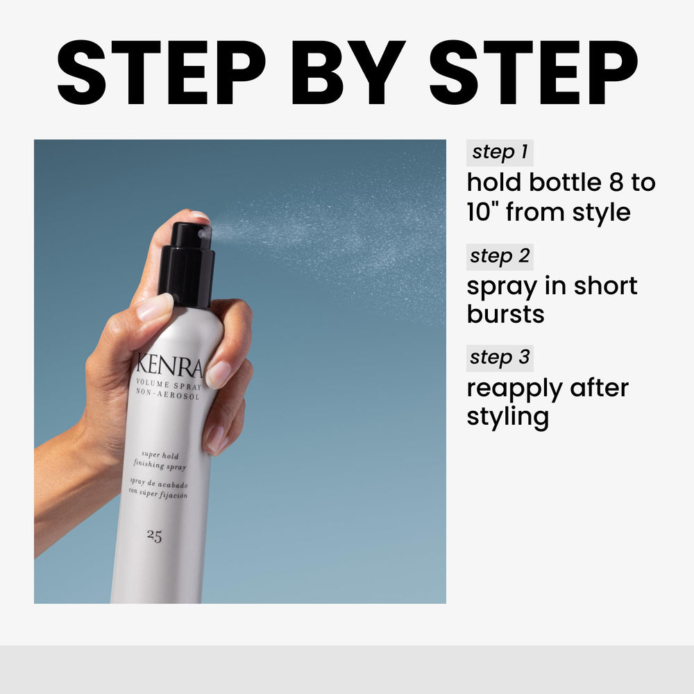 Kenra Non-Aerosol Volume Spray 25 close-up demonstrates ultra-strong hold up to 120 hours.