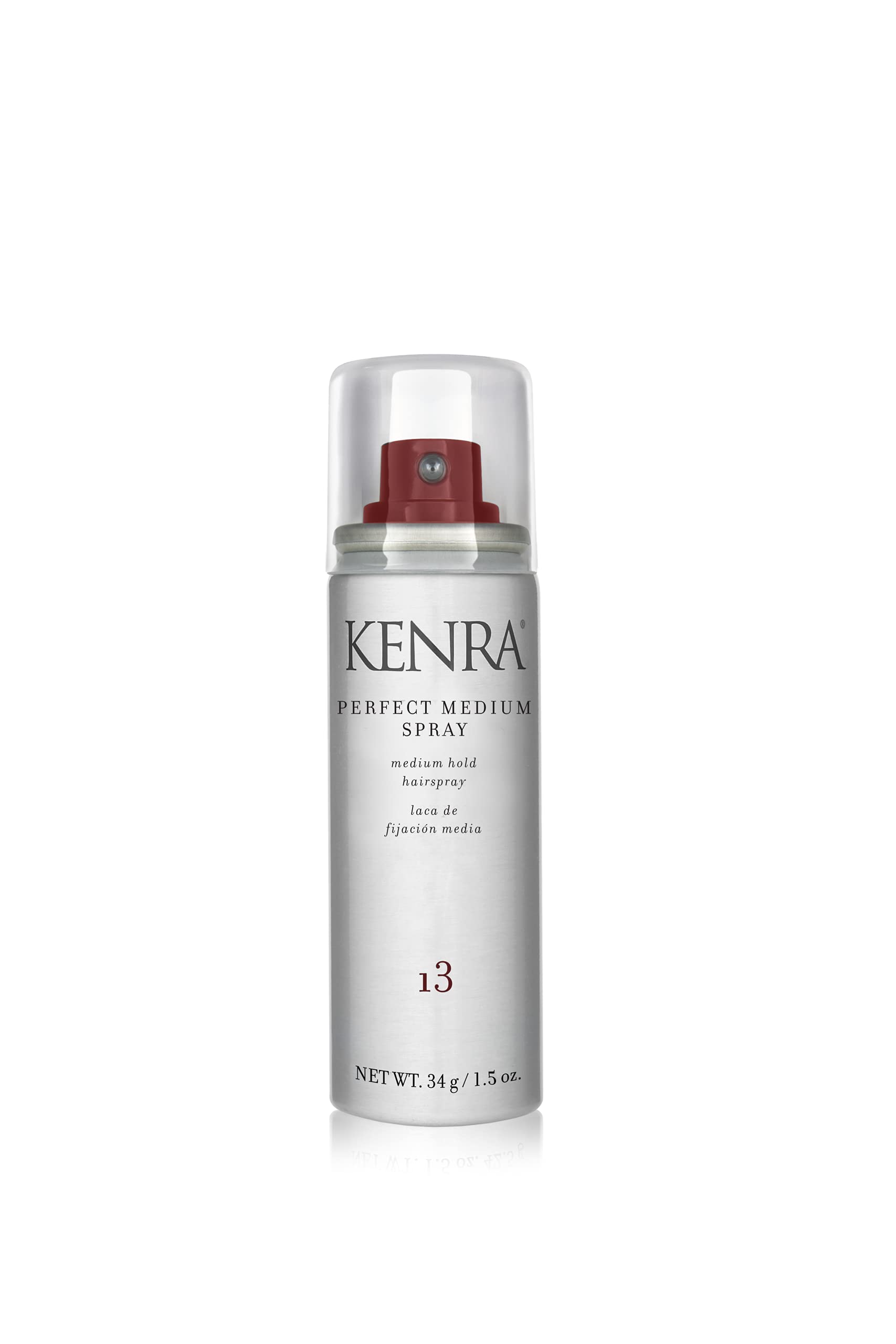 Kenra Perfect Medium Spray bottle closeup shows sleek packaging and flexible hold.