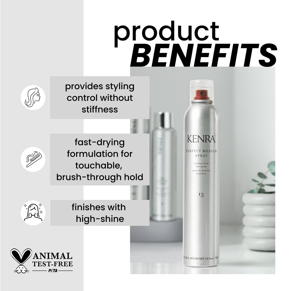 Kenra Perfect Medium Spray being dispensed demonstrates quick-dry application.